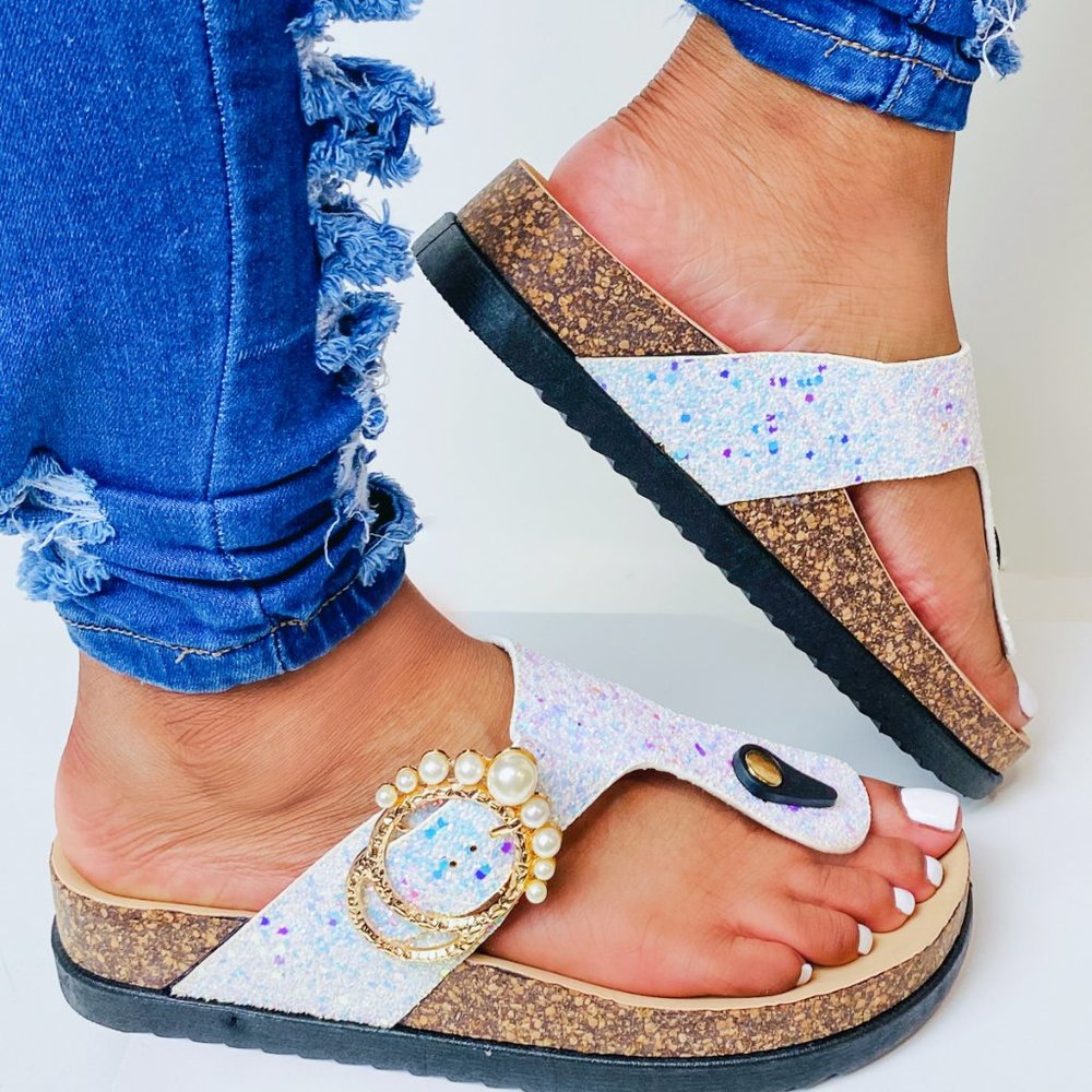 “Alison” glitter and pearl embellished Sandals